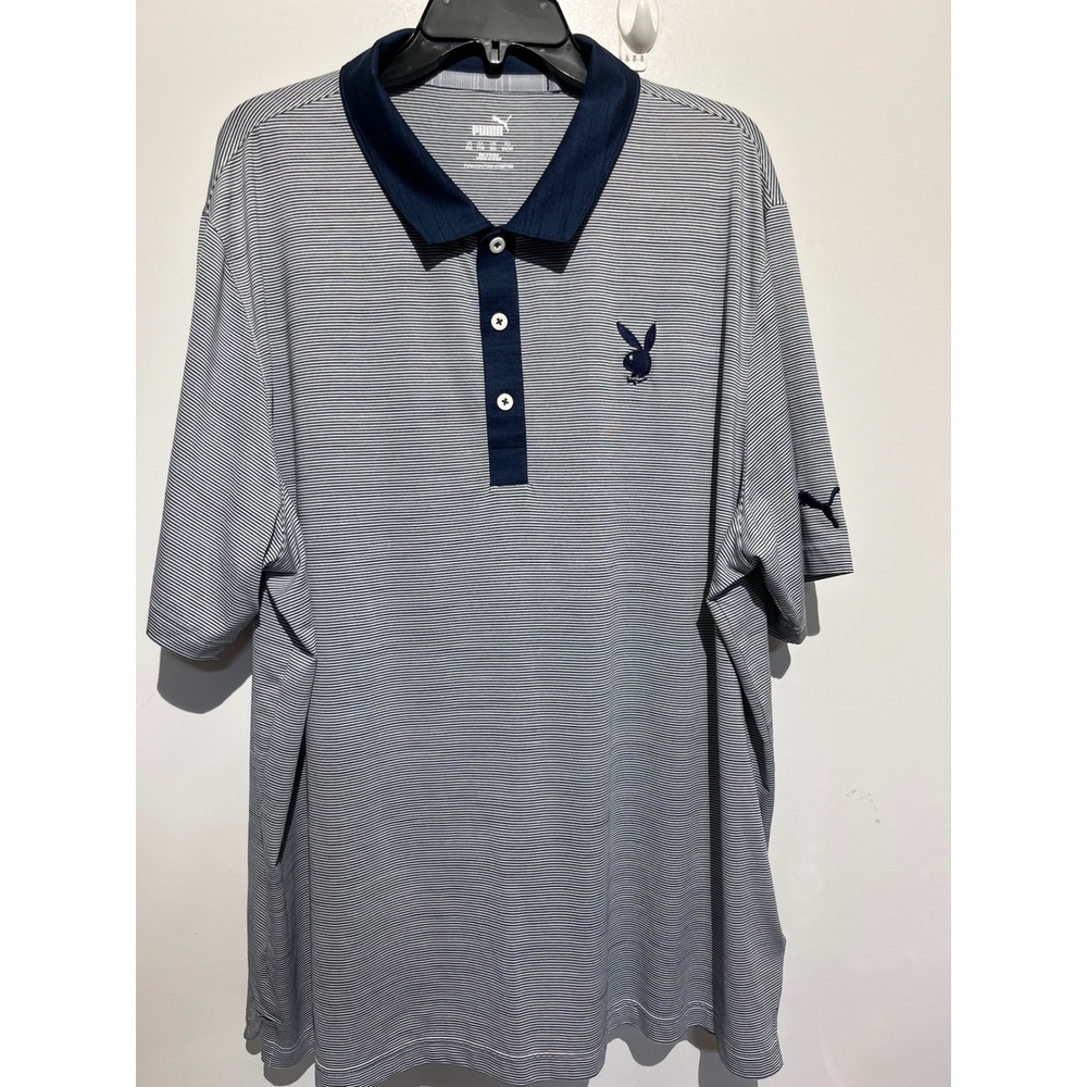 Puma x Playboy Mens XXL Navy White Micro Stripe Golf Polo Shirt Bunny Logo